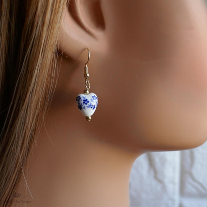 Blue and White Ceramic Drop Earrings, Floral Bead Earrings, Gold Dangle Earrings, Chinoiserie Style Jewelry, Sensitive Ear & Clip-On Options