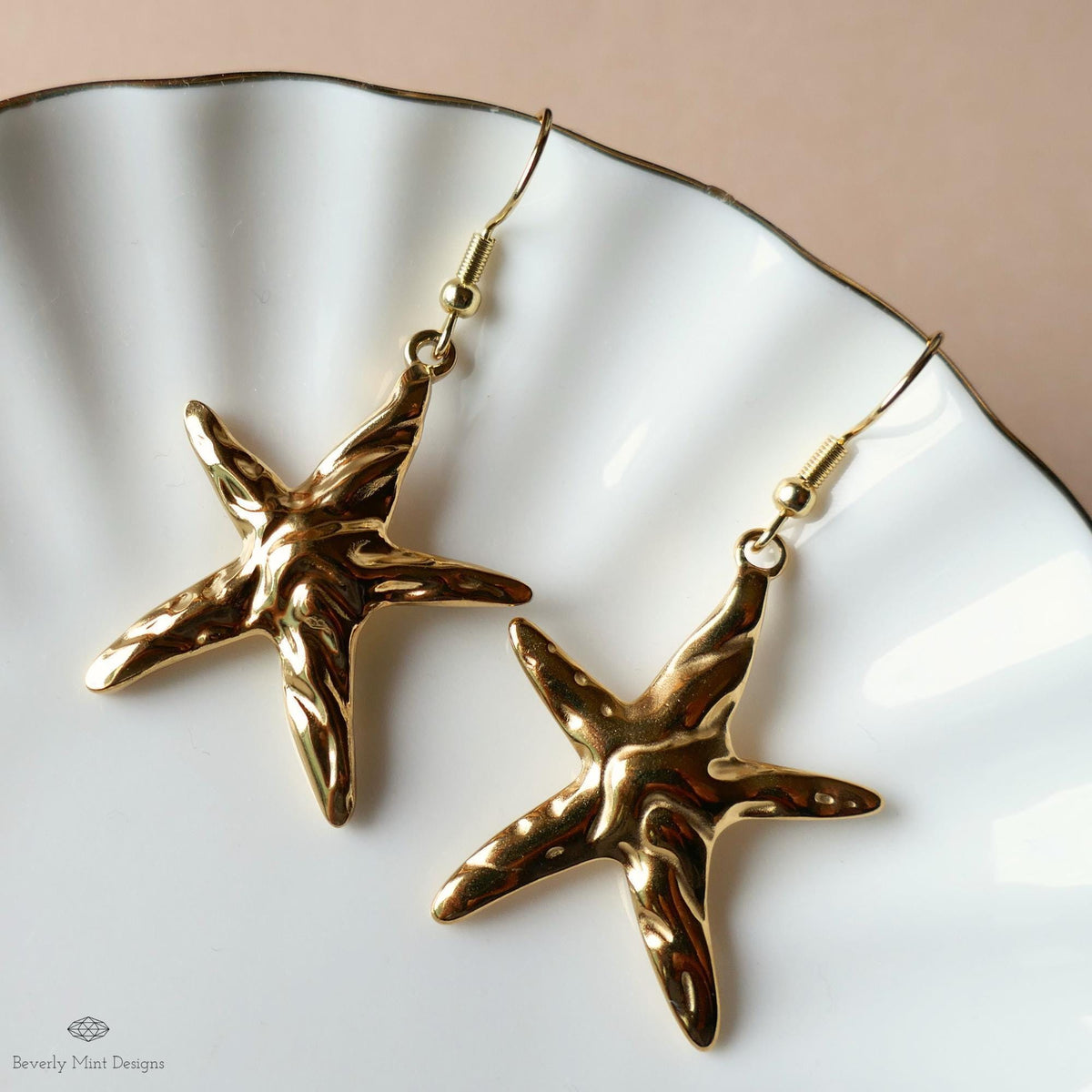 Gold Sculptural Starfish Earrings, Ocean Inspired Earrings , Artistic Coastal Statement Jewelry, Sensitive Ear & Clip-On Options