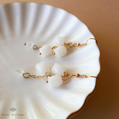 White Lily Of The Valley Flower Earrings, Floral Dangle and Drop Earrings, Birth Flower for May, Sensitive Ear & Clip-On Options