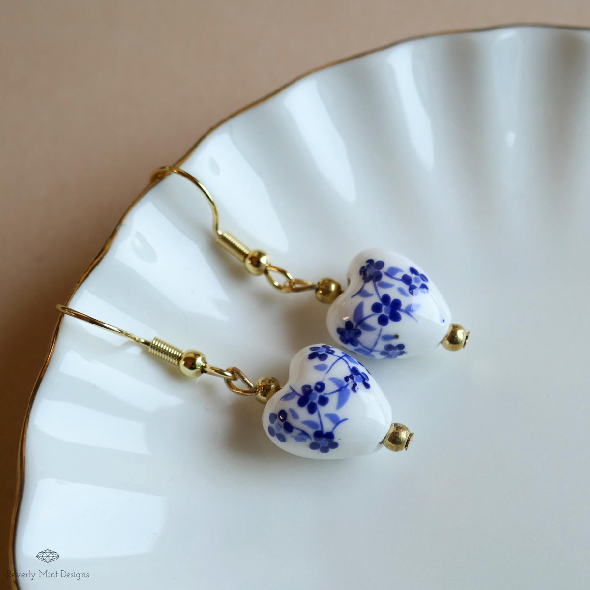 Blue and White Ceramic Drop Earrings, Floral Bead Earrings, Gold Dangle Earrings, Chinoiserie Style Jewelry, Sensitive Ear & Clip-On Options