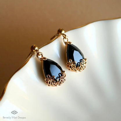 Gold Black Teardrop Earrings, Floral Crystal Dangle Jewelry, Elegant Minimalist Design