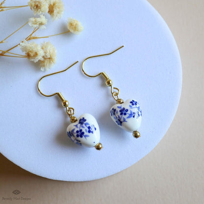 Blue and White Ceramic Drop Earrings, Floral Bead Earrings, Gold Dangle Earrings, Chinoiserie Style Jewelry, Sensitive Ear & Clip-On Options