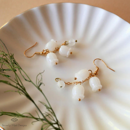 White Lily Of The Valley Flower Earrings, Floral Dangle and Drop Earrings, Birth Flower for May, Sensitive Ear & Clip-On Options