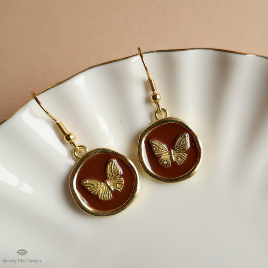 Butterfly Enamel Charm Earrings, Brown Dangle Earrings, Handmade Vintage Butterfly Jewelry, Sensitive Ear & Clip-On Options