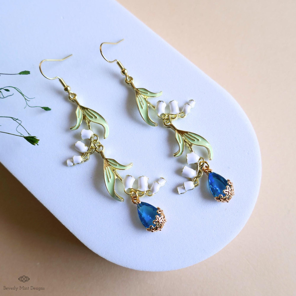 Lily of the Valley Earrings Gold Drop Earrings with Teardrop ,Botanical Bridal Jewelry Nature Inspired, Sensitive Ear & Clip-On Options