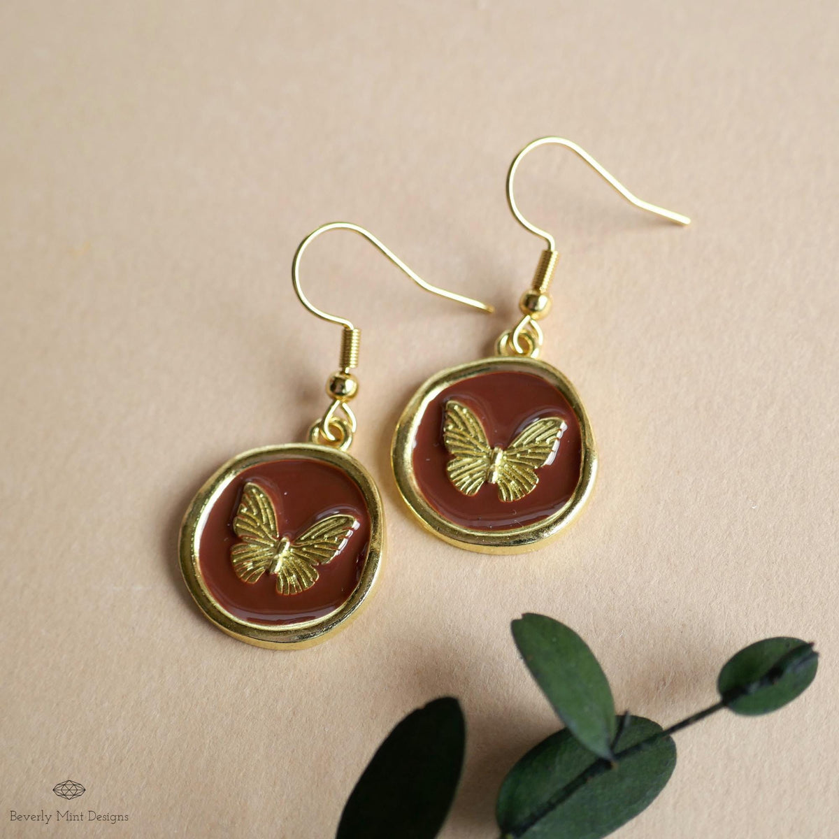 Butterfly Enamel Charm Earrings, Brown Dangle Earrings, Handmade Vintage Butterfly Jewelry, Sensitive Ear & Clip-On Options