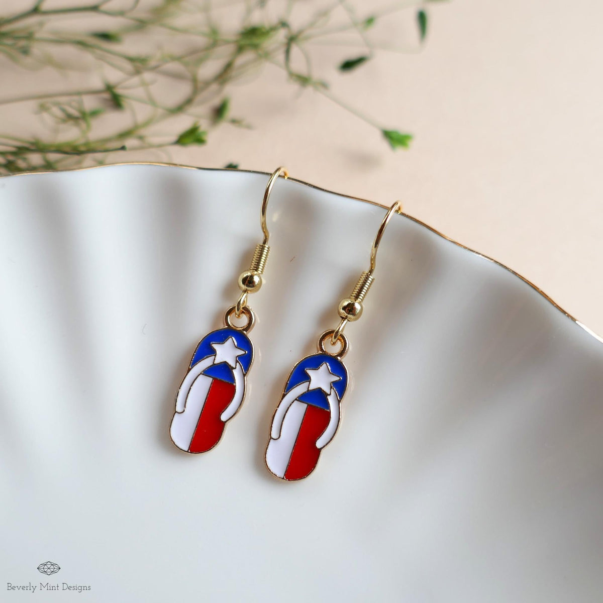Patriotic Flip Flop Earrings, Red White Blue Sandal Jewelry, USA 4th of July Earrings, Sensitive Ear & Clip-On Options