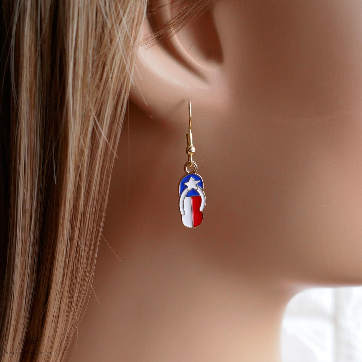Patriotic Flip Flop Earrings, Red White Blue Sandal Jewelry, USA 4th of July Earrings, Sensitive Ear & Clip-On Options