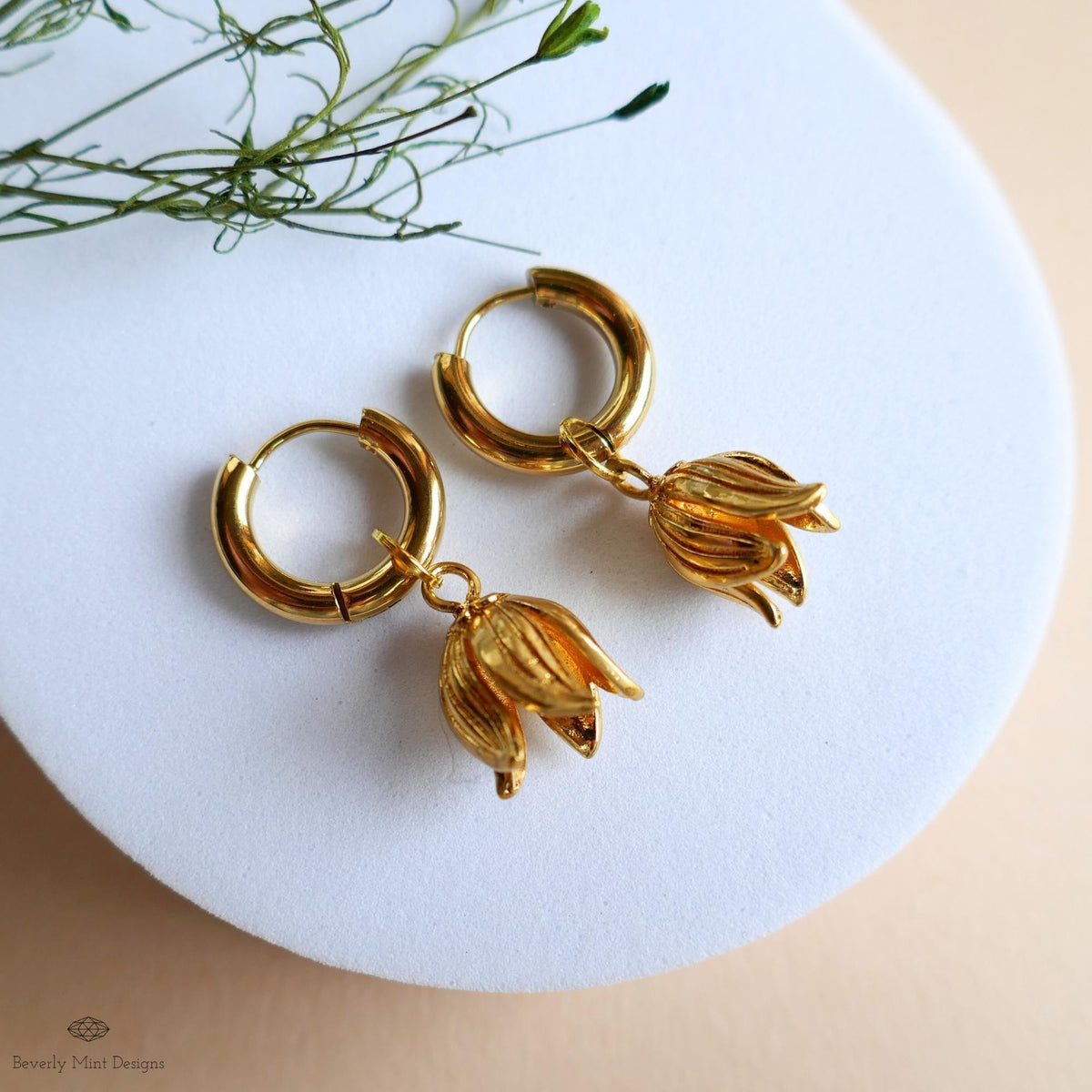Gold Flower Drop Hoop Earrings Tulip Inspired Lightweight Elegant Dangle Earrings Minimalist Jewelry