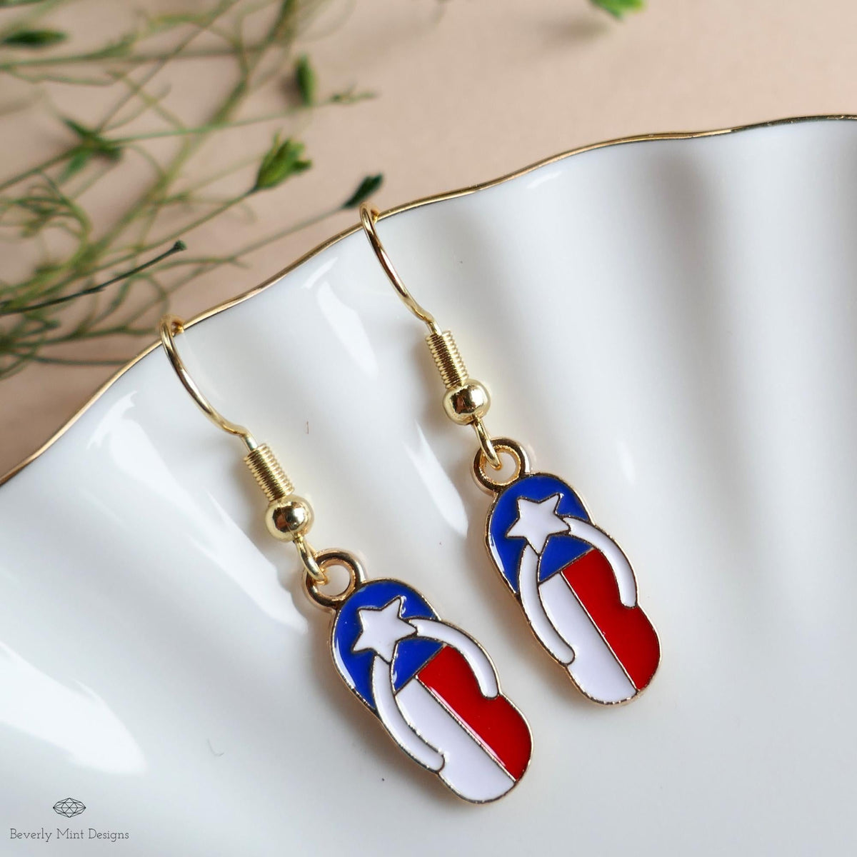 Patriotic Flip Flop Earrings, Red White Blue Sandal Jewelry, USA 4th of July Earrings, Sensitive Ear & Clip-On Options