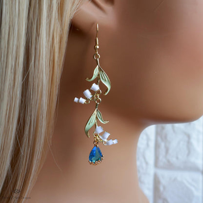 Lily of the Valley Earrings Gold Drop Earrings with Teardrop ,Botanical Bridal Jewelry Nature Inspired, Sensitive Ear & Clip-On Options