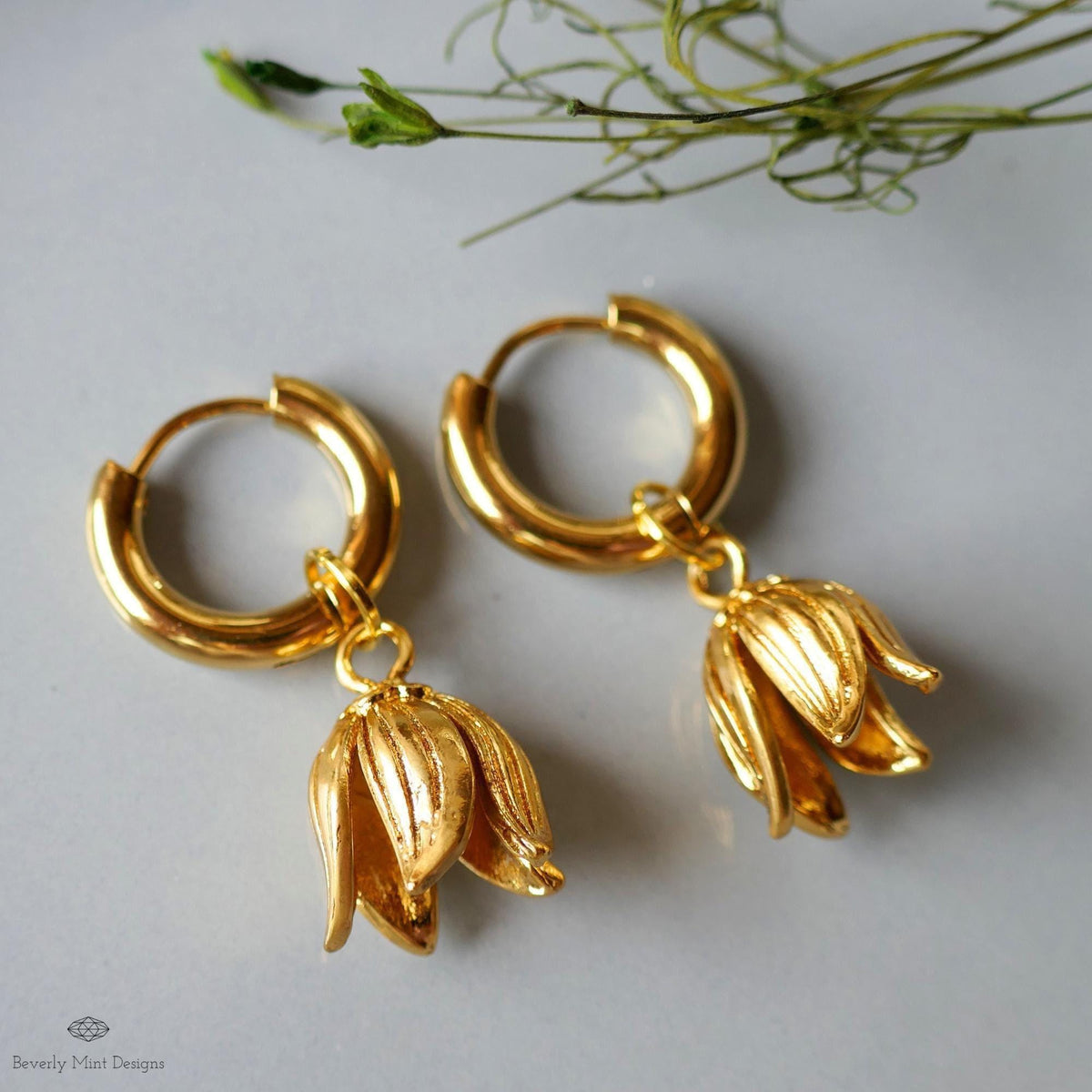 Gold Flower Drop Hoop Earrings Tulip Inspired Lightweight Elegant Dangle Earrings Minimalist Jewelry