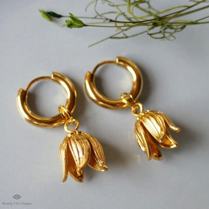 Gold Flower Drop Hoop Earrings Tulip Inspired Lightweight Elegant Dangle Earrings Minimalist Jewelry
