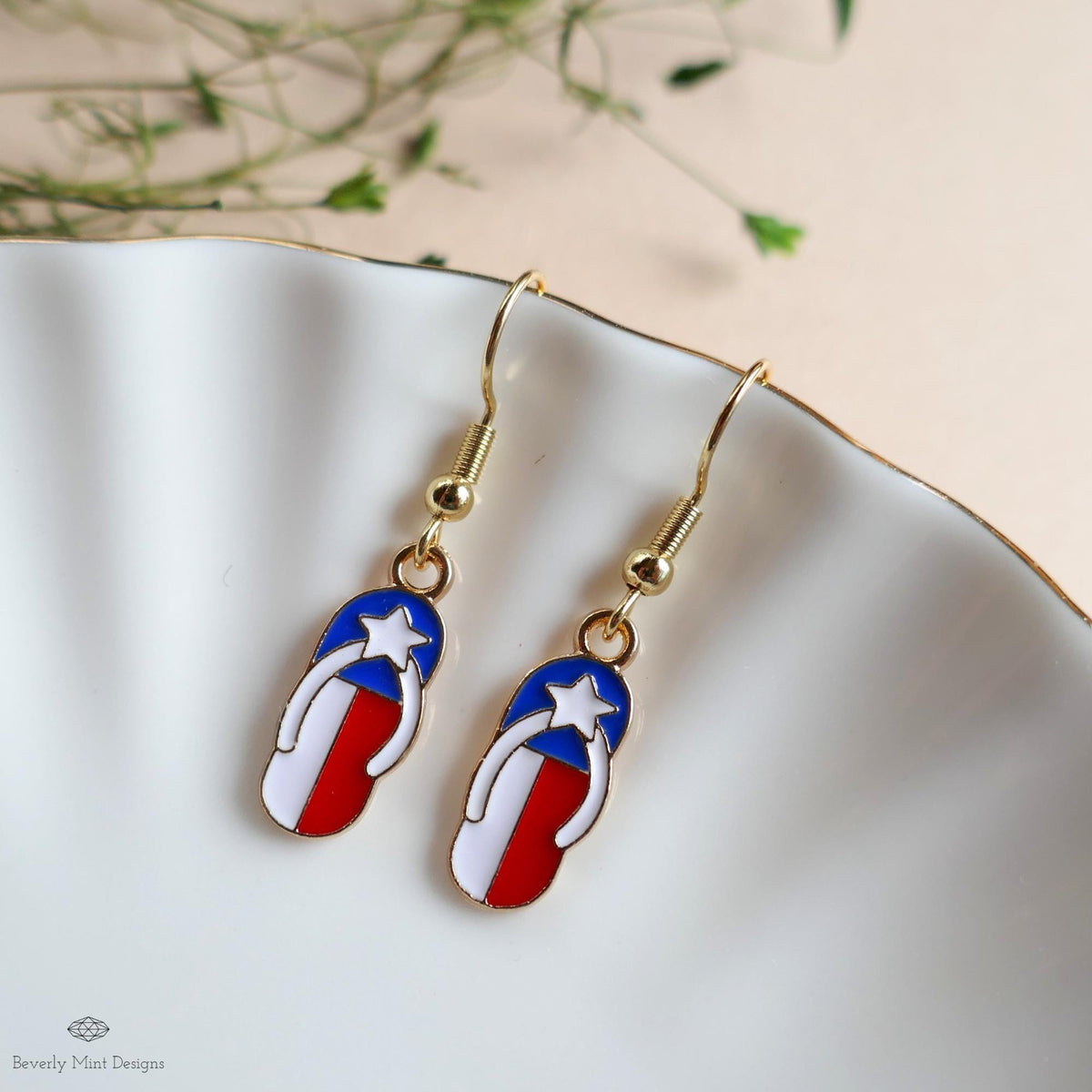 Patriotic Flip Flop Earrings, Red White Blue Sandal Jewelry, USA 4th of July Earrings, Sensitive Ear & Clip-On Options