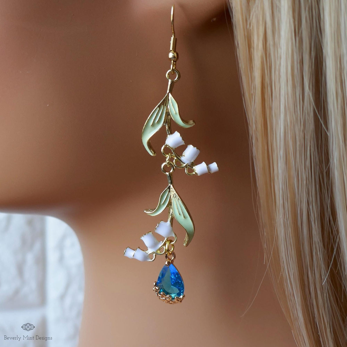 Lily of the Valley Earrings Gold Drop Earrings with Teardrop ,Botanical Bridal Jewelry Nature Inspired, Sensitive Ear & Clip-On Options