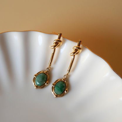Gold Drop Earrings with Green Stone ,Vintage-Style Dangle Earrings , Elegant Knot Design Jewelry for Women ,