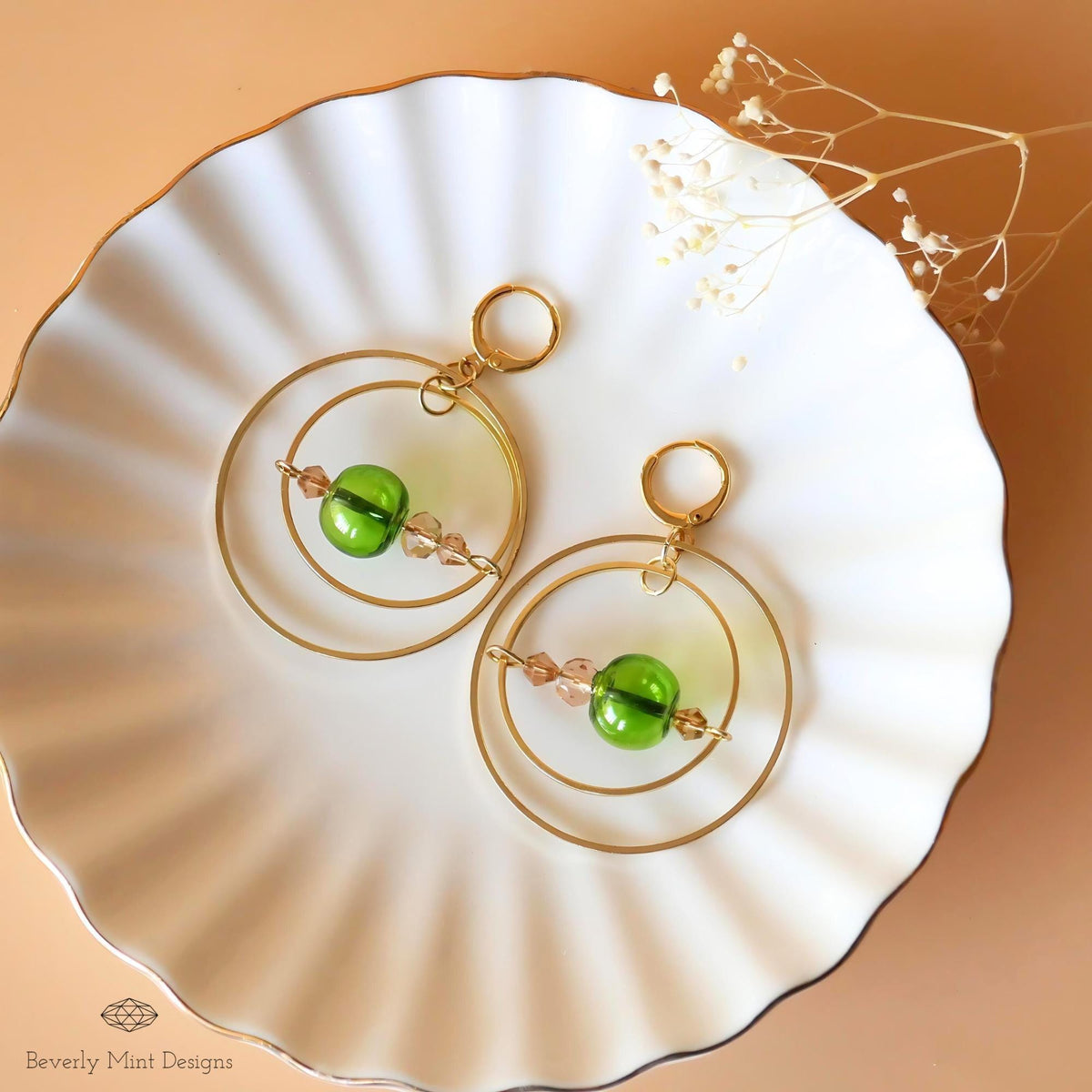 18K Gold Glass Ball Earrings, Green Drop Earrings, Dangle Long Earrings, Unique Glass Ball Earrings, Dangle Earrings, Drop Earrings