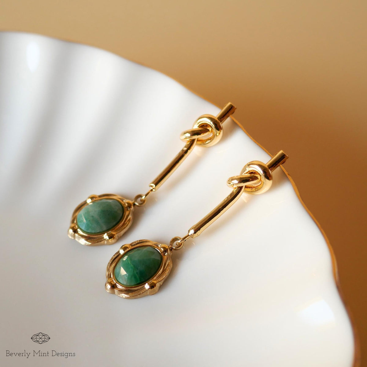 Gold Drop Earrings with Green Stone ,Vintage-Style Dangle Earrings , Elegant Knot Design Jewelry for Women ,