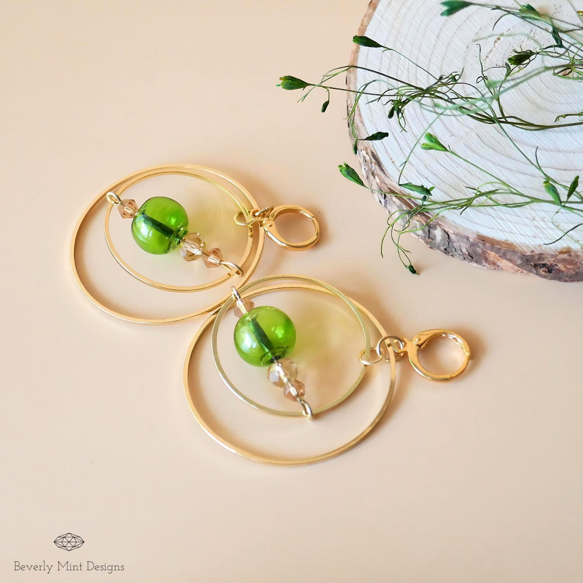 18K Gold Glass Ball Earrings, Green Drop Earrings, Dangle Long Earrings, Unique Glass Ball Earrings, Sensitive Ear & Clip-On Options