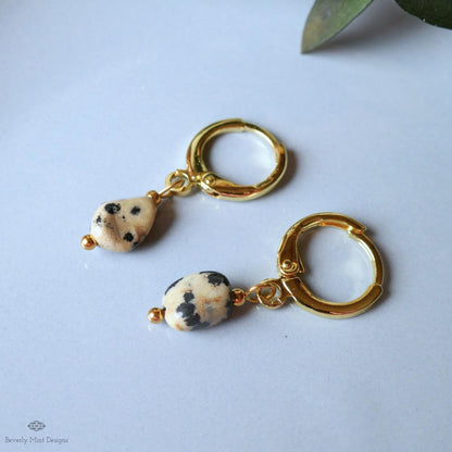 Dalmatian Jasper Earrings, Gold Huggie Hoop Earrings, Zebra Rock Jewelry, Dainty Stone Hoops, Minimalist, Sensitive Ear & Clip-On Options