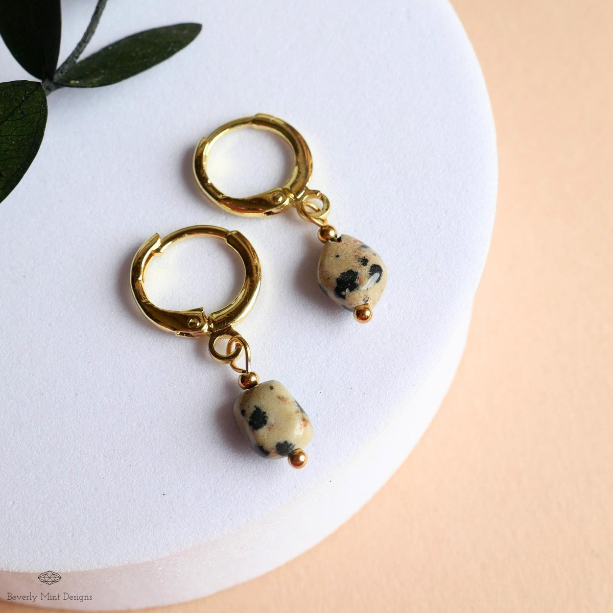 Dalmatian Jasper Earrings, Gold Huggie Hoop Earrings, Zebra Rock Jewelry, Dainty Stone Hoops, Minimalist, Sensitive Ear & Clip-On Options