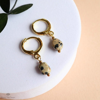 Dalmatian Jasper Earrings, Gold Huggie Hoop Earrings, Zebra Rock Jewelry, Dainty Stone Hoops, Minimalist, Sensitive Ear & Clip-On Options