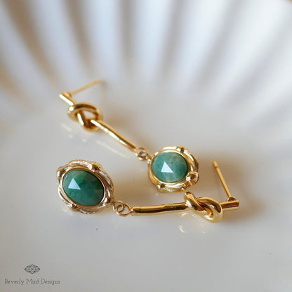 Gold Drop Earrings with Green Stone ,Vintage-Style Dangle Earrings , Elegant Knot Design Jewelry for Women ,