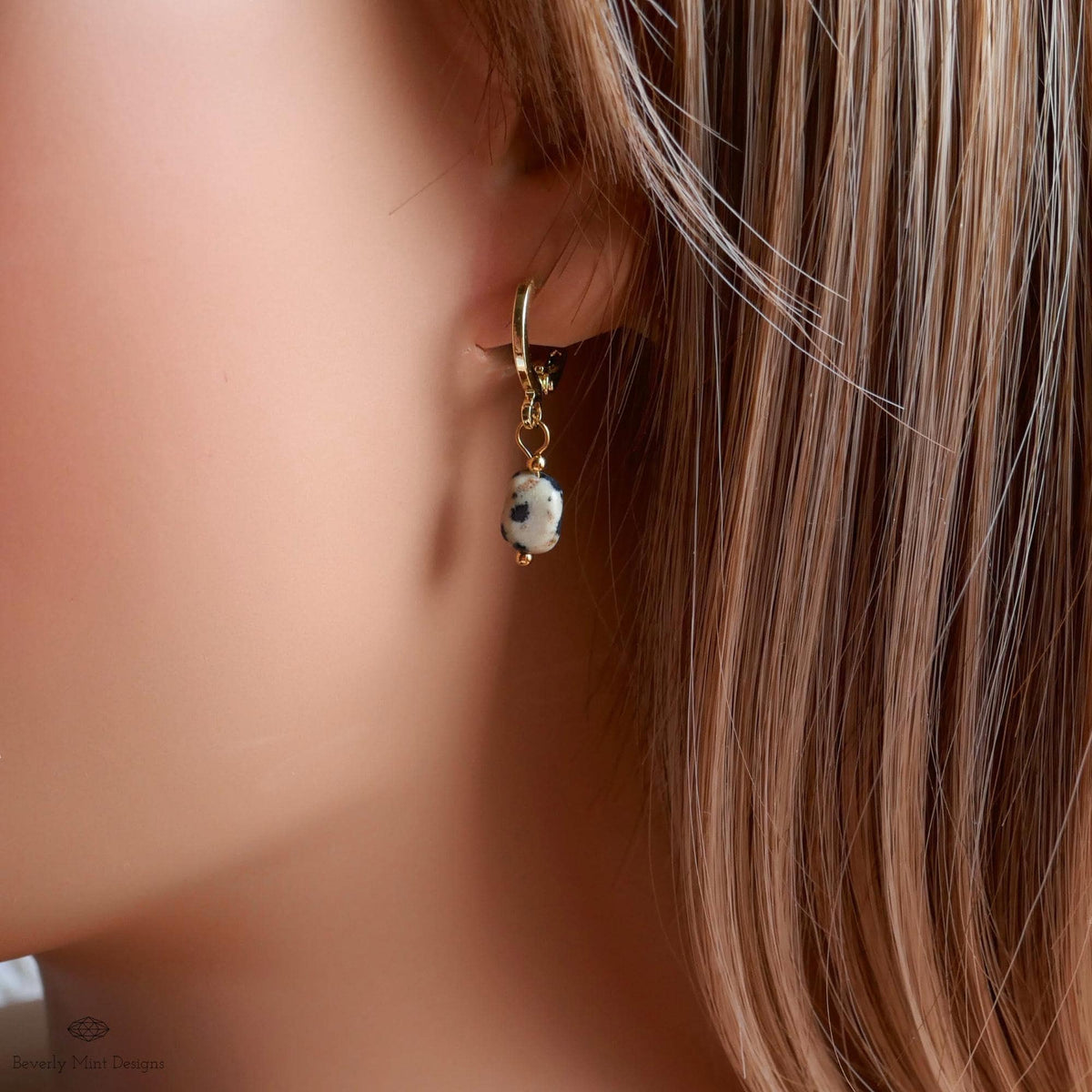 Dalmatian Jasper Earrings, Gold Huggie Hoop Earrings, Zebra Rock Jewelry, Dainty Stone Hoops, Minimalist, Sensitive Ear & Clip-On Options