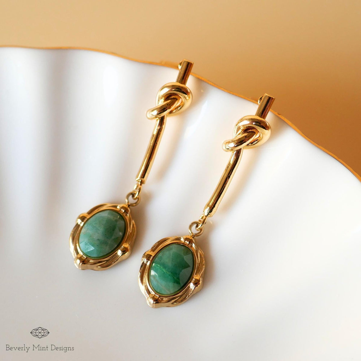 Gold Drop Earrings with Green Stone ,Vintage-Style Dangle Earrings , Elegant Knot Design Jewelry for Women ,