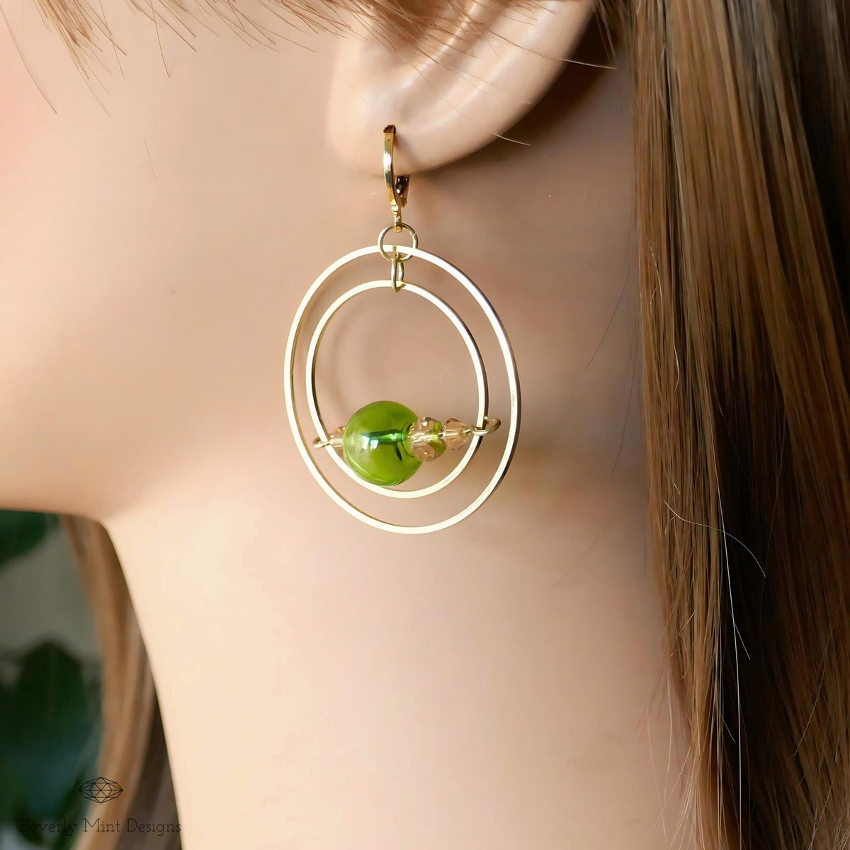 18K Gold Glass Ball Earrings, Green Drop Earrings, Dangle Long Earrings, Unique Glass Ball Earrings, Sensitive Ear & Clip-On Options