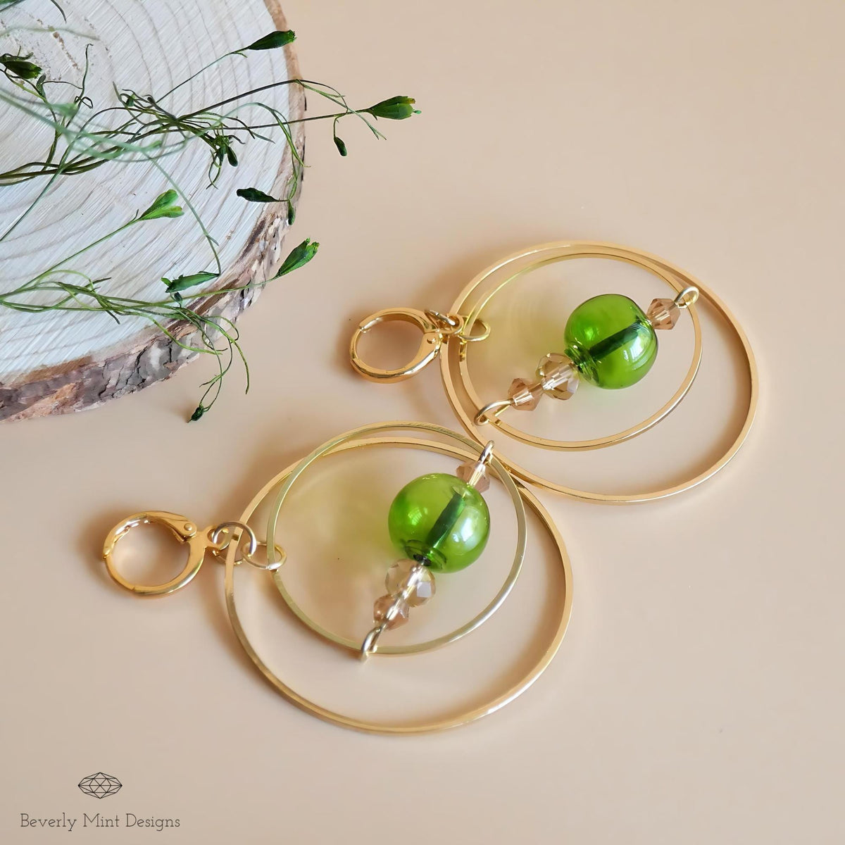 18K Gold Glass Ball Earrings, Green Drop Earrings, Dangle Long Earrings, Unique Glass Ball Earrings, Dangle Earrings, Drop Earrings