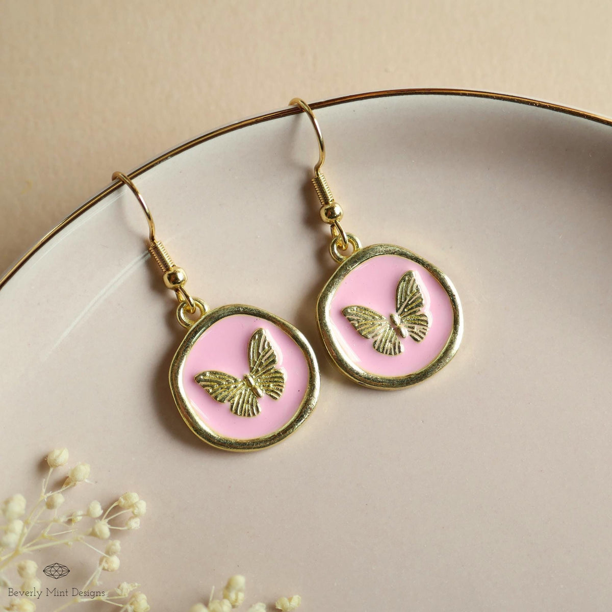 Butterfly Enamel Charm Earrings, Pink Dangle Earrings, Handmade Vintage Butterfly Jewelry, Nature Inspired, Sensitive Ear & Clip-On Options