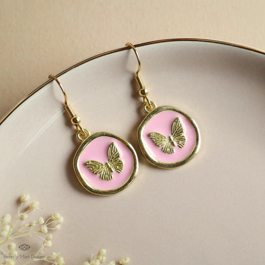 Butterfly Enamel Charm Earrings, Pink Dangle Earrings, Handmade Vintage Butterfly Jewelry, Nature Inspired, Sensitive Ear & Clip-On Options