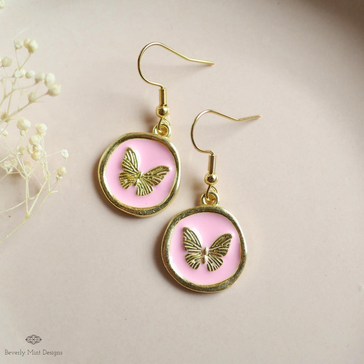 Butterfly Enamel Charm Earrings, Pink Dangle Earrings, Handmade Vintage Butterfly Jewelry, Nature Inspired, Sensitive Ear & Clip-On Options