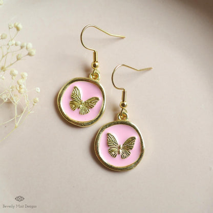 Butterfly Enamel Charm Earrings, Pink Dangle Earrings, Handmade Vintage Butterfly Jewelry, Nature Inspired, Sensitive Ear & Clip-On Options