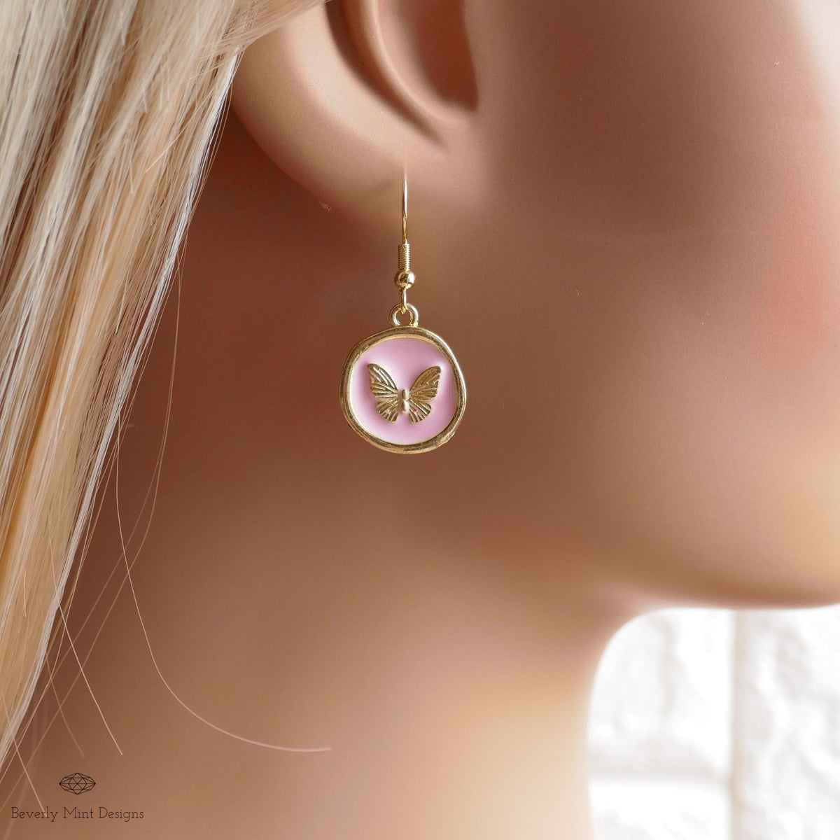 Butterfly Enamel Charm Earrings, Pink Dangle Earrings, Handmade Vintage Butterfly Jewelry, Nature Inspired, Sensitive Ear & Clip-On Options