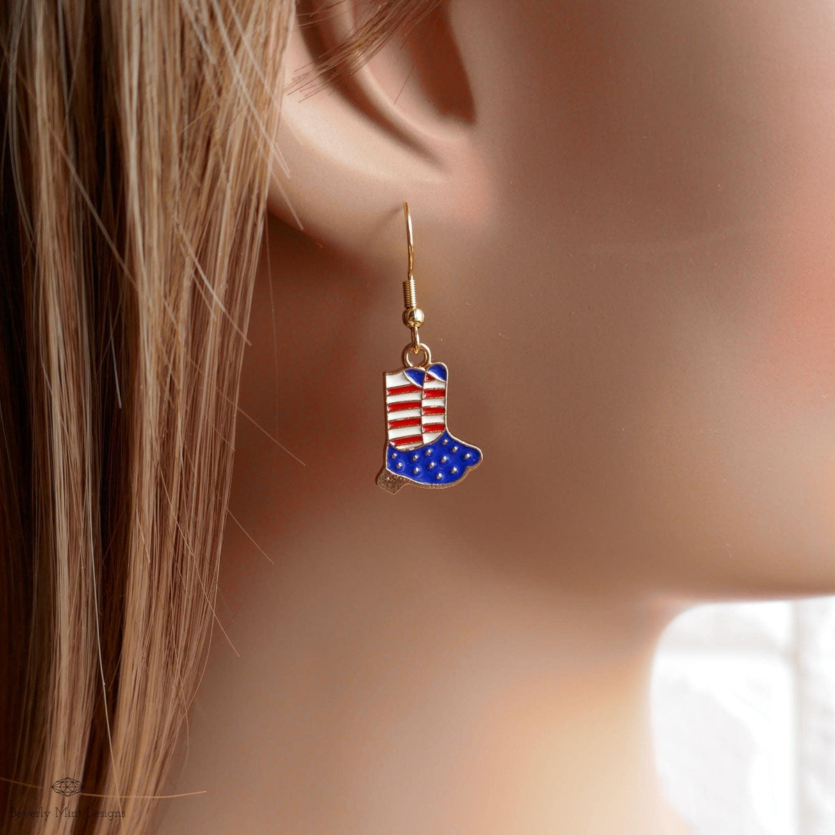 Patriotic Cowboy Boot Earrings , Red White Blue Western Jewelry, USA 4th of July Earrings, Sensitive Ear & Clip-On Options