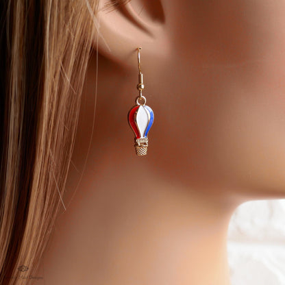 Patriotic Hot Air Balloon Earrings , Red White Blue Dangle Jewelry, USA 4th of July Earrings, Sensitive Ear & Clip-On Options