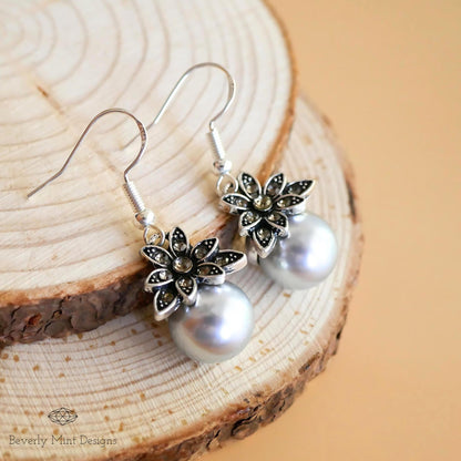 Vintage Gray Pearl Drop Earrings , Large Pearl Dangle Earrings , Bride, Wedding, Sensitive Ear & Clip-On Options
