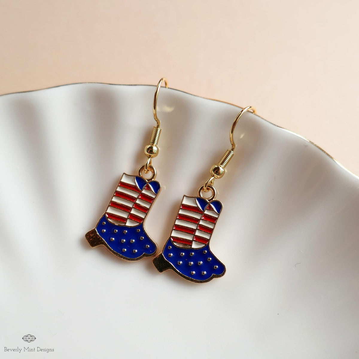 Patriotic Cowboy Boot Earrings , Red White Blue Western Jewelry, USA 4th of July Earrings, Sensitive Ear & Clip-On Options