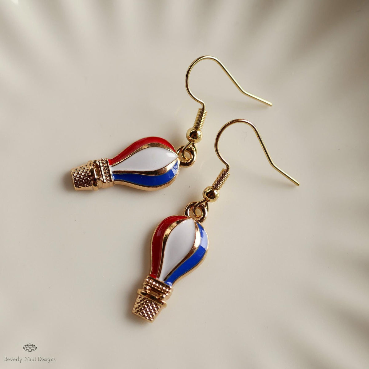 Patriotic Hot Air Balloon Earrings , Red White Blue Dangle Jewelry, USA 4th of July Earrings, Sensitive Ear & Clip-On Options