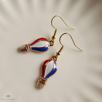 Patriotic Hot Air Balloon Earrings , Red White Blue Dangle Jewelry, USA 4th of July Earrings, Sensitive Ear & Clip-On Options