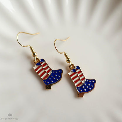 Patriotic Cowboy Boot Earrings , Red White Blue Western Jewelry, USA 4th of July Earrings, Sensitive Ear & Clip-On Options