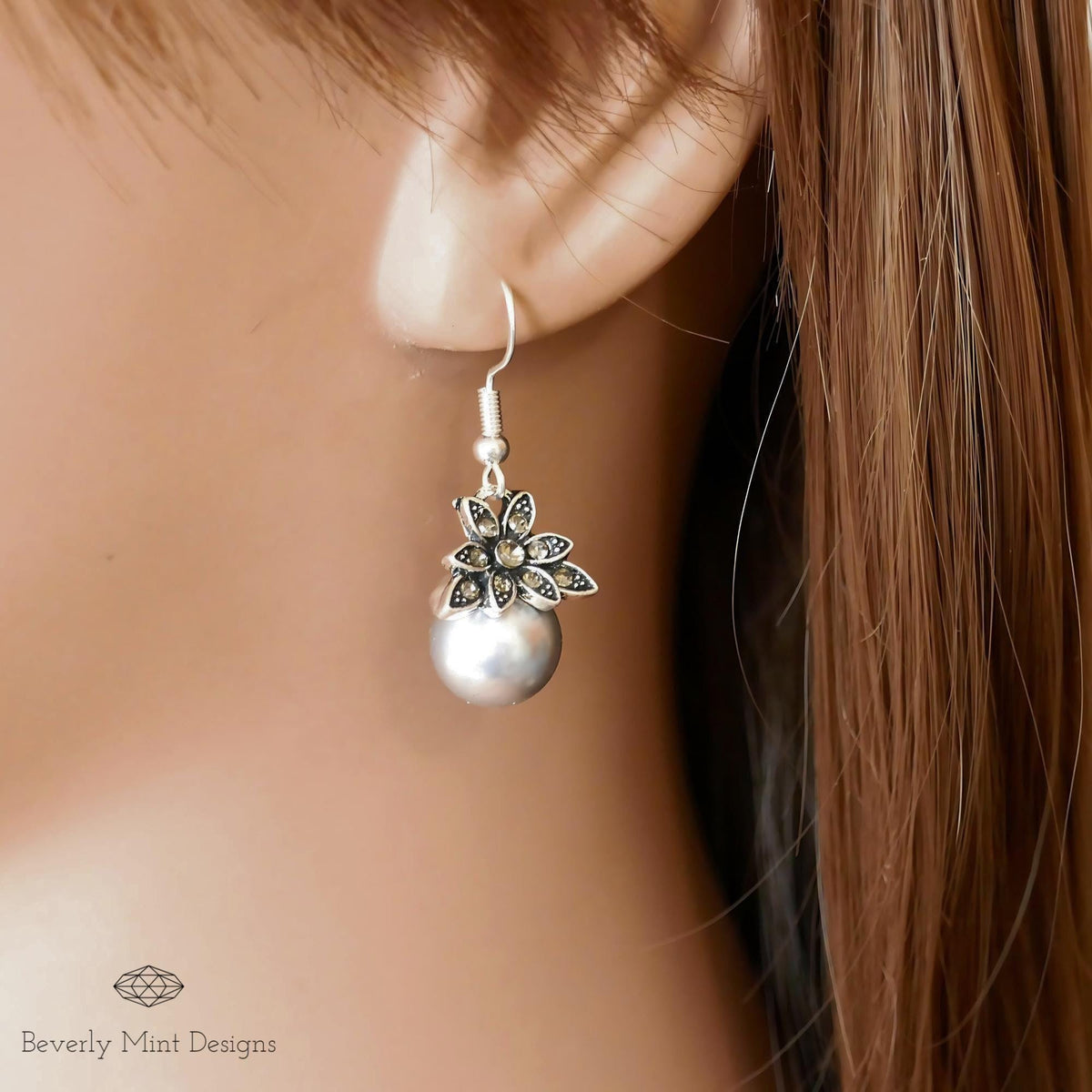 Vintage Gray Pearl Drop Earrings , Large Pearl Dangle Earrings , Bride, Wedding, Sensitive Ear & Clip-On Options