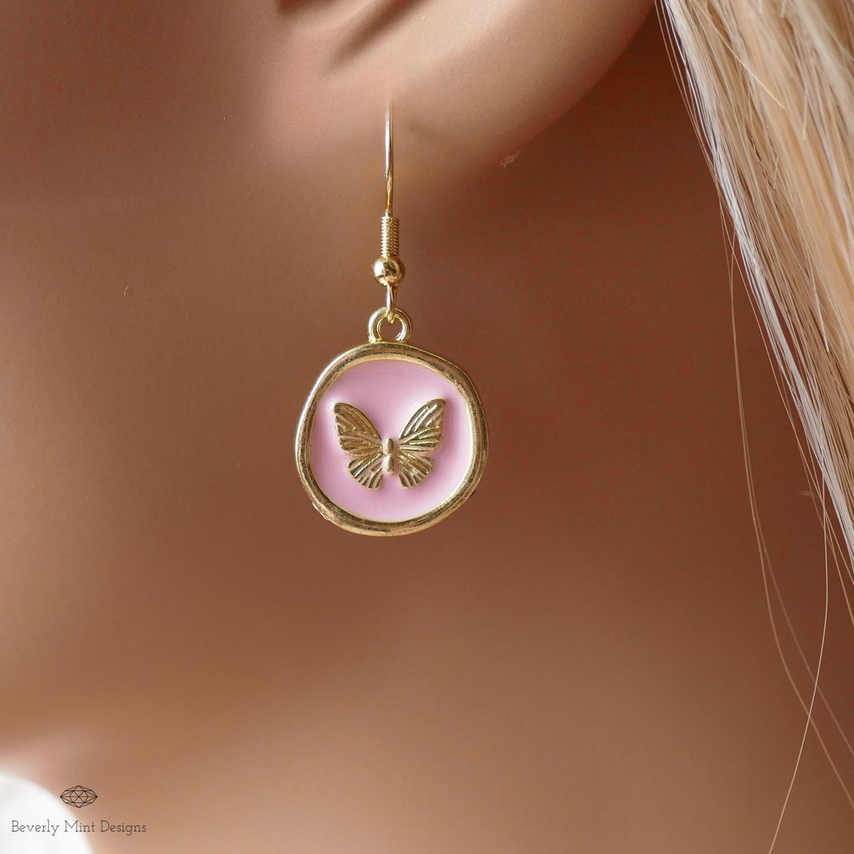 Butterfly Enamel Charm Earrings, Pink Dangle Earrings, Handmade Vintage Butterfly Jewelry, Nature Inspired, Sensitive Ear & Clip-On Options