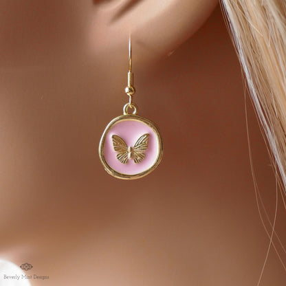 Butterfly Enamel Charm Earrings, Pink Dangle Earrings, Handmade Vintage Butterfly Jewelry, Nature Inspired, Sensitive Ear & Clip-On Options