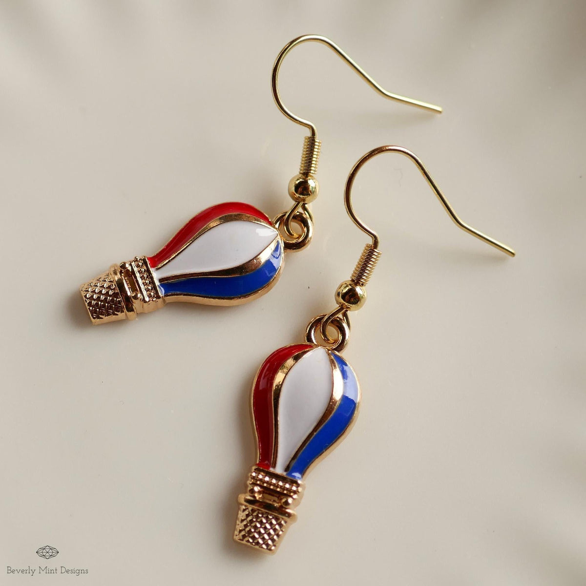 Patriotic Hot Air Balloon Earrings , Red White Blue Dangle Jewelry, USA 4th of July Earrings, Sensitive Ear & Clip-On Options