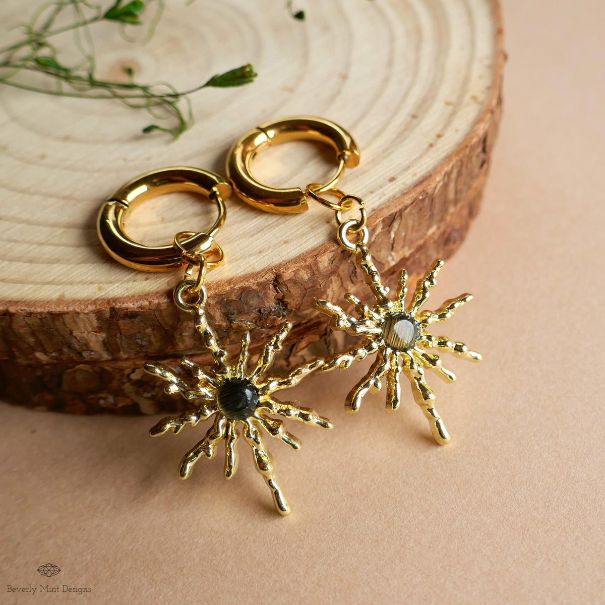 Gold Sunburst Hoop Earrings with Black Stone, Celestial Statement Jewelry, Chunky Huggie Earrings, Boho Dangle Earrings