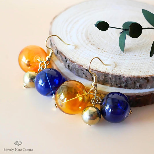 Glass Ball Dangle Long Earrings, 18K Gold Unique Glass Ball Earrings, Dangle and Drop Earrings, Sensitive Ear & Clip-On Options