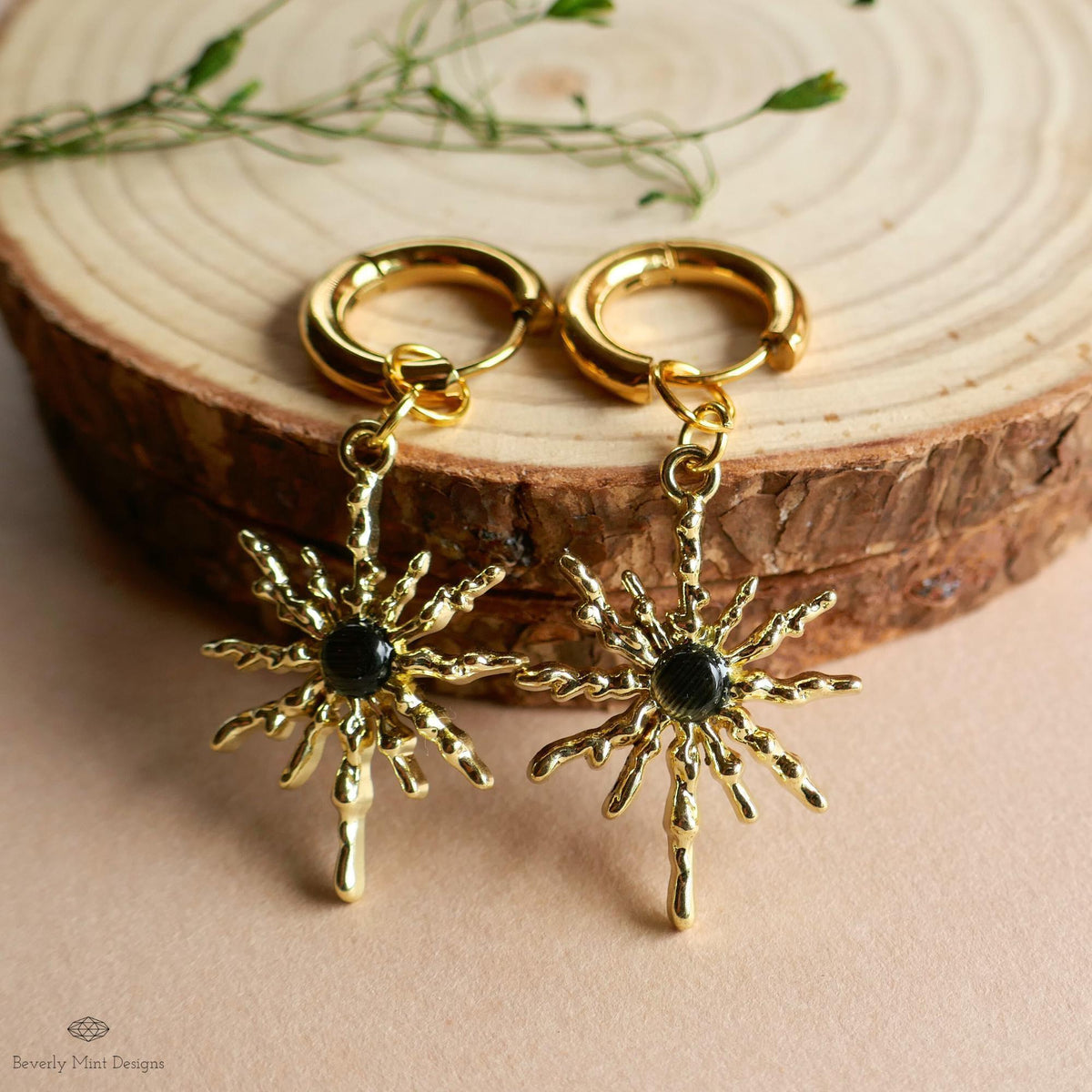 Gold Sunburst Hoop Earrings with Black Stone, Celestial Statement Jewelry, Chunky Huggie Earrings, Boho Dangle Earrings
